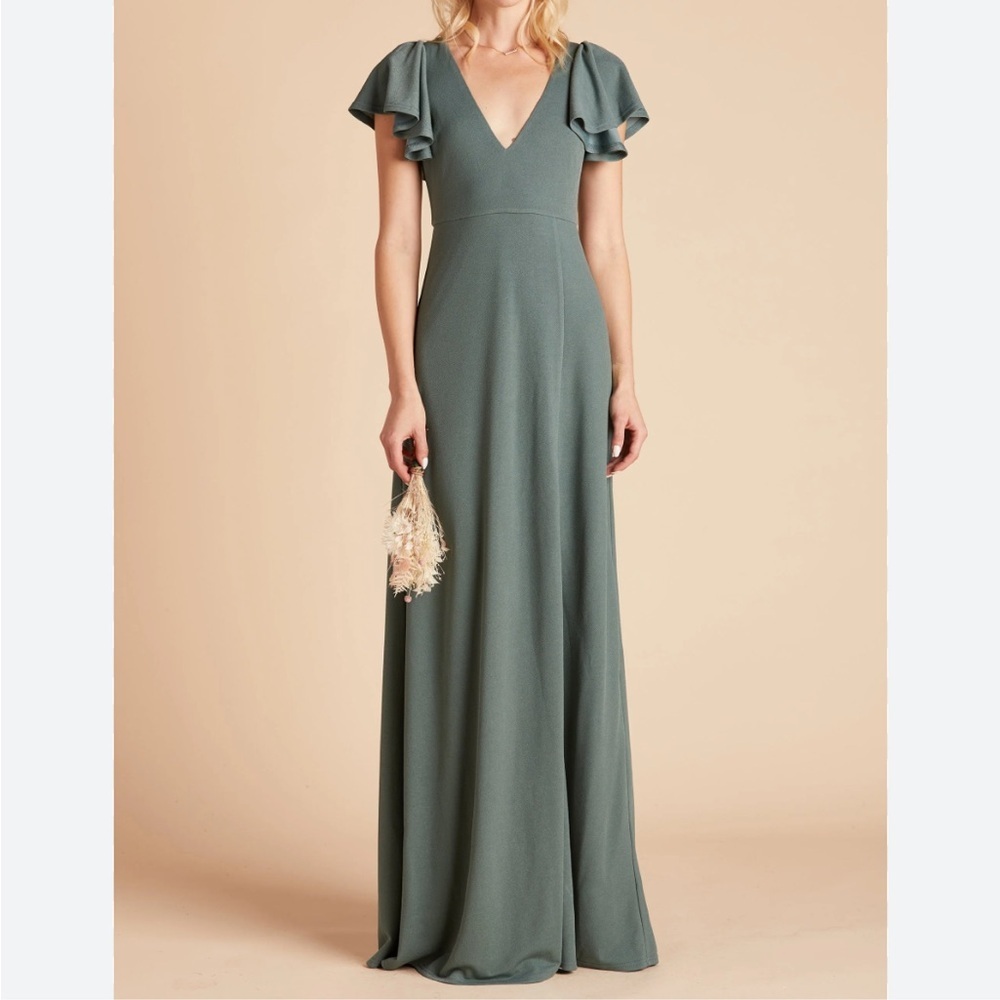 Birdy Grey Green Gown V-Neck Flutter Sleeve Maxi Bridesmaid Dress Size S